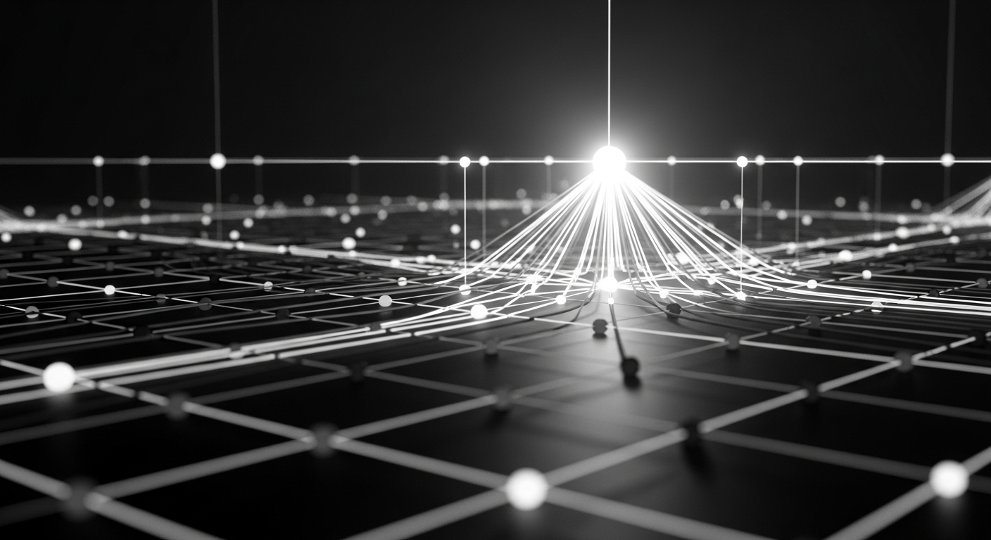 Interconnected network of glowing data nodes and schema connections, representing how structured markup creates machine-readable signals that AI retrieval systems use to cite private jet operators