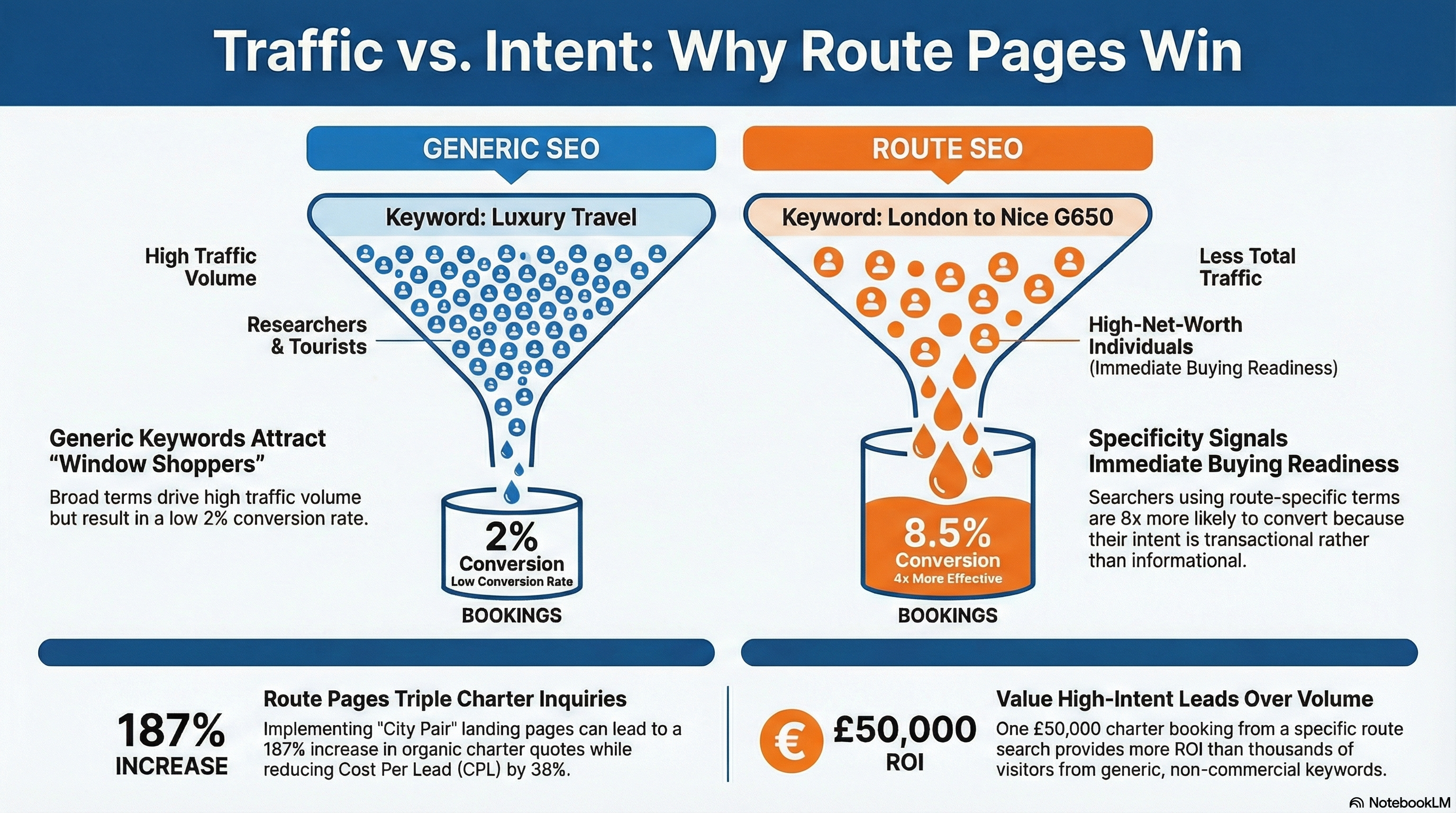 Traffic vs Intent comparison - generic SEO attracts window shoppers while route SEO attracts buyers