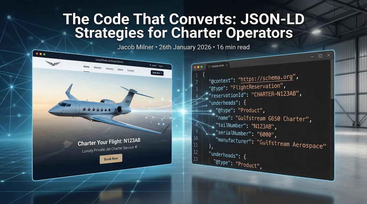 Code editor showing JSON-LD schema with aircraft data and holographic visualization