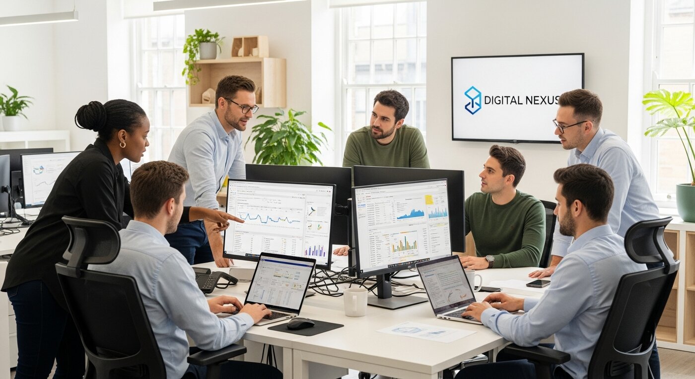 SEO agency team collaborating on digital marketing strategy