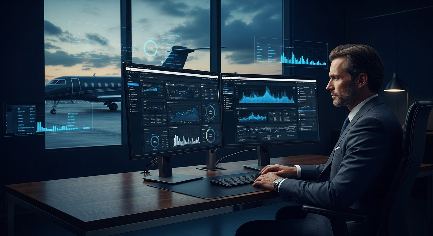 Aviation professional reviewing SEO analytics data with a private jet visible through the office window