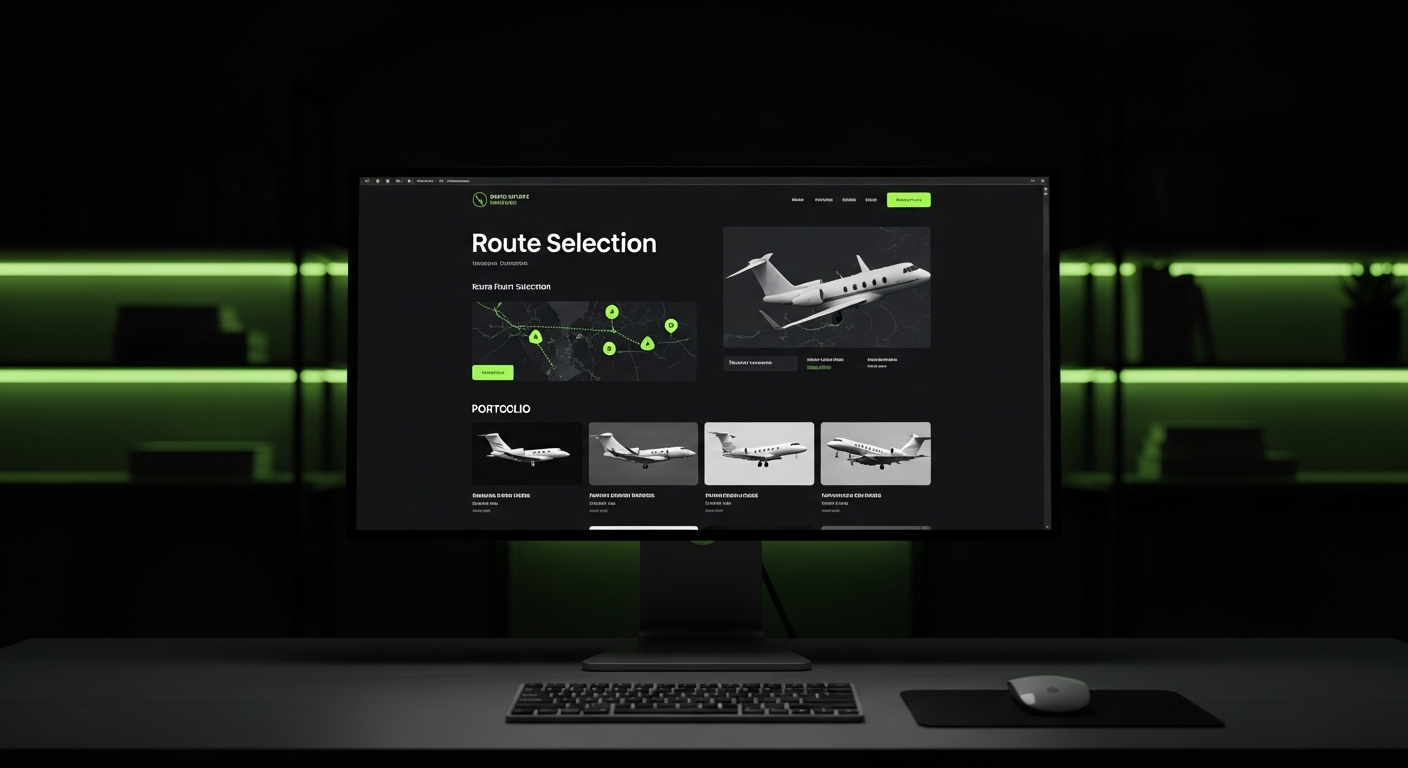 Private jet charter website design interface showing route selection and fleet portfolio in dark luxury UI