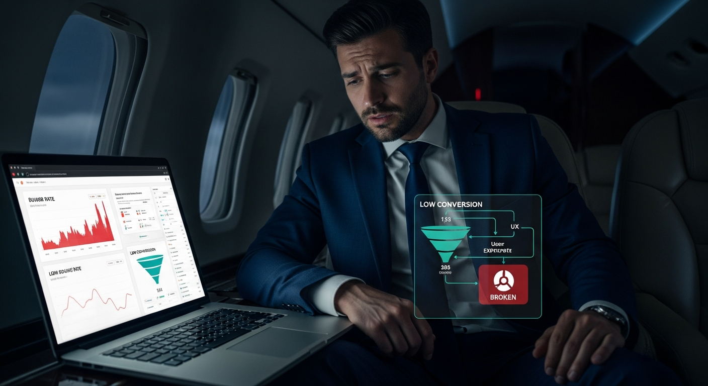 Private jet operator reviewing website analytics showing low conversion rates and high bounce rate