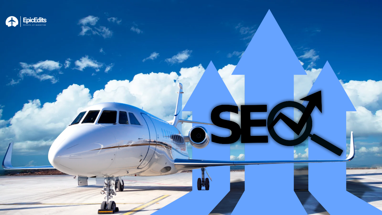 Luxury private jet on runway with upward arrows and SEO text symbolizing digital growth